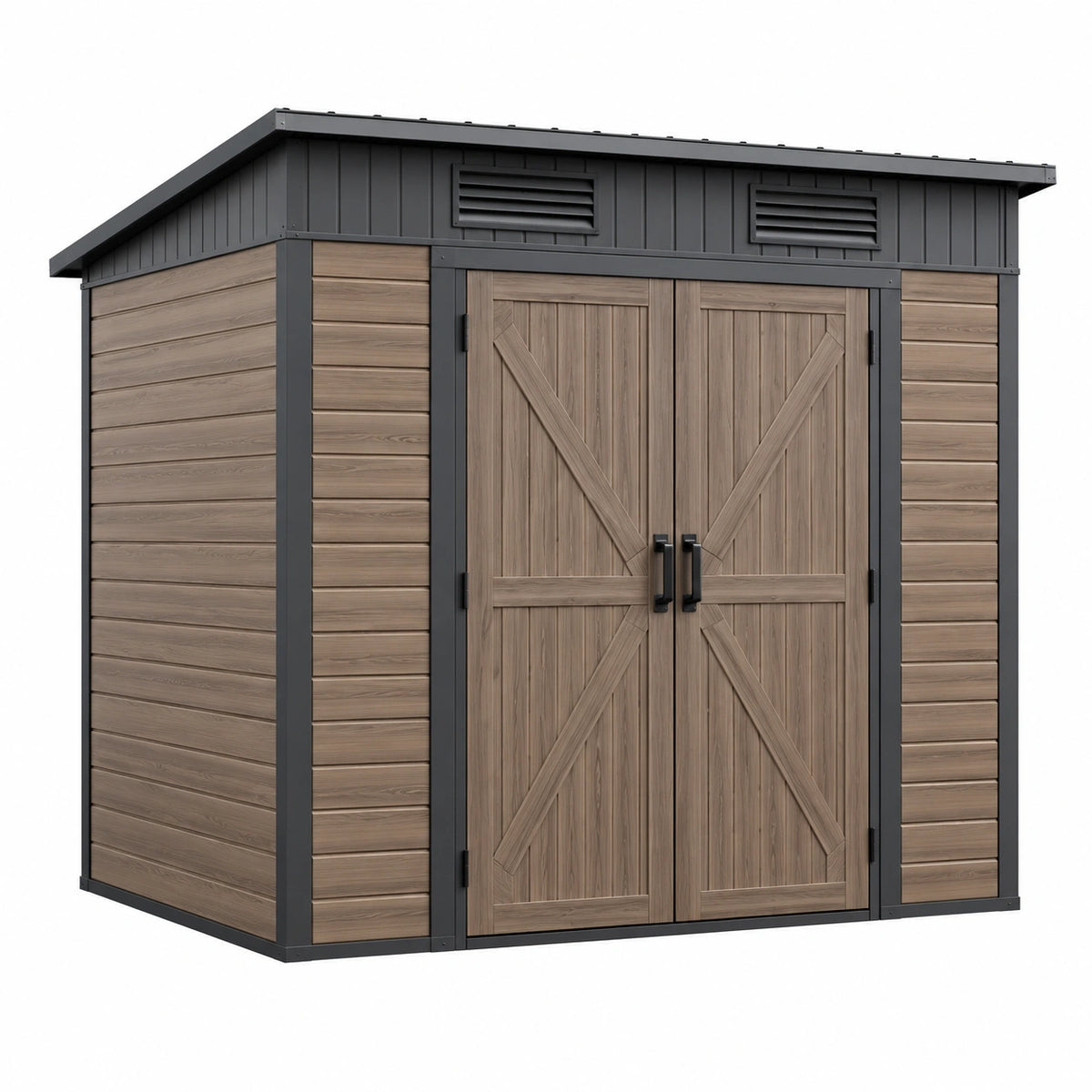 Abri de jardin 250 x 200 x 210 cm aspect bois brun avec structure anthracite et portes doubles ventilées