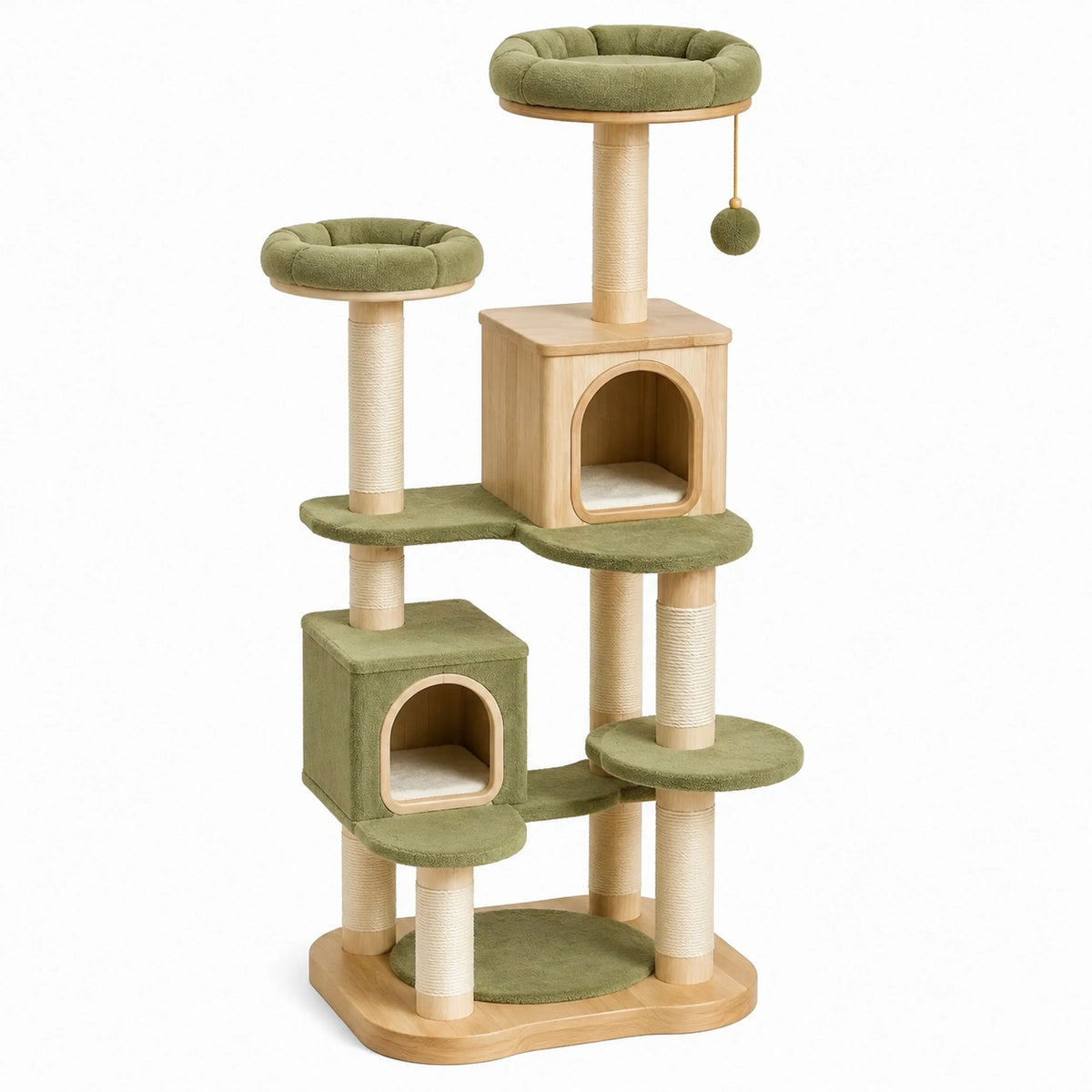 Arbre à chat 60 x 50 x 155 cm en bois beige et vert avec griffoirs plateformes et niches