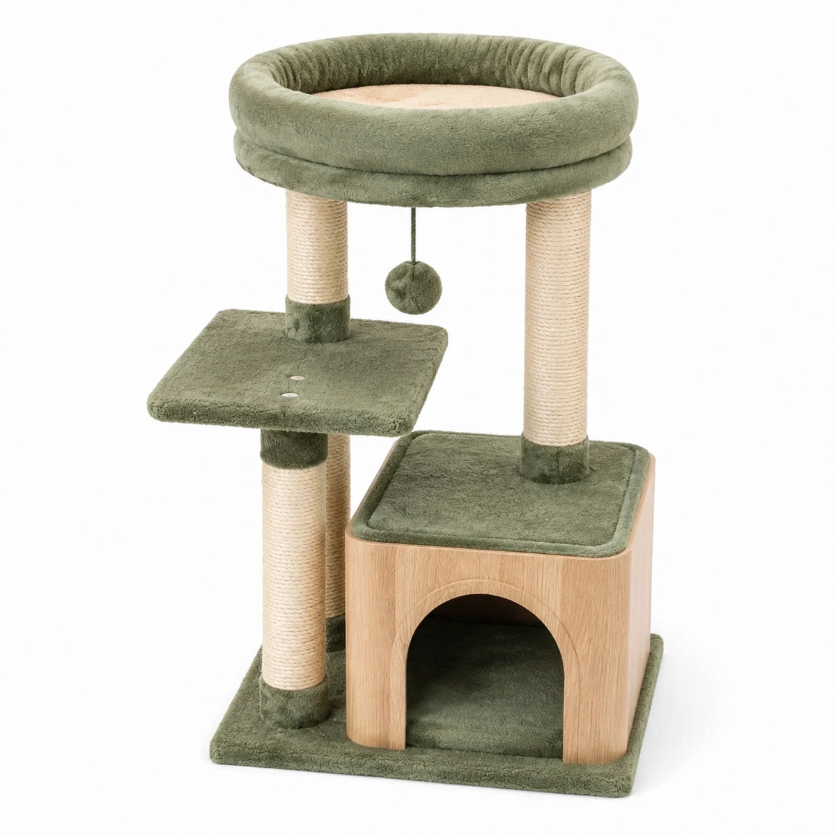 Arbre à chat 50 x 50 x 116 cm en bois et sisal vert avec niche griffoirs et plateforme