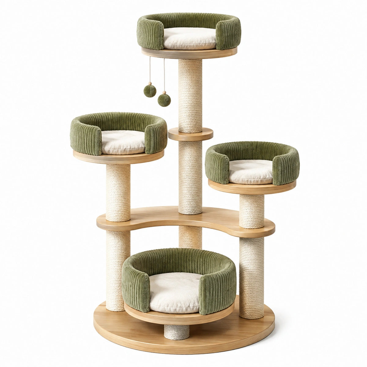 Arbre à chat diamètre 80 cm hauteur 170 cm bois sisal vert avec griffoirs