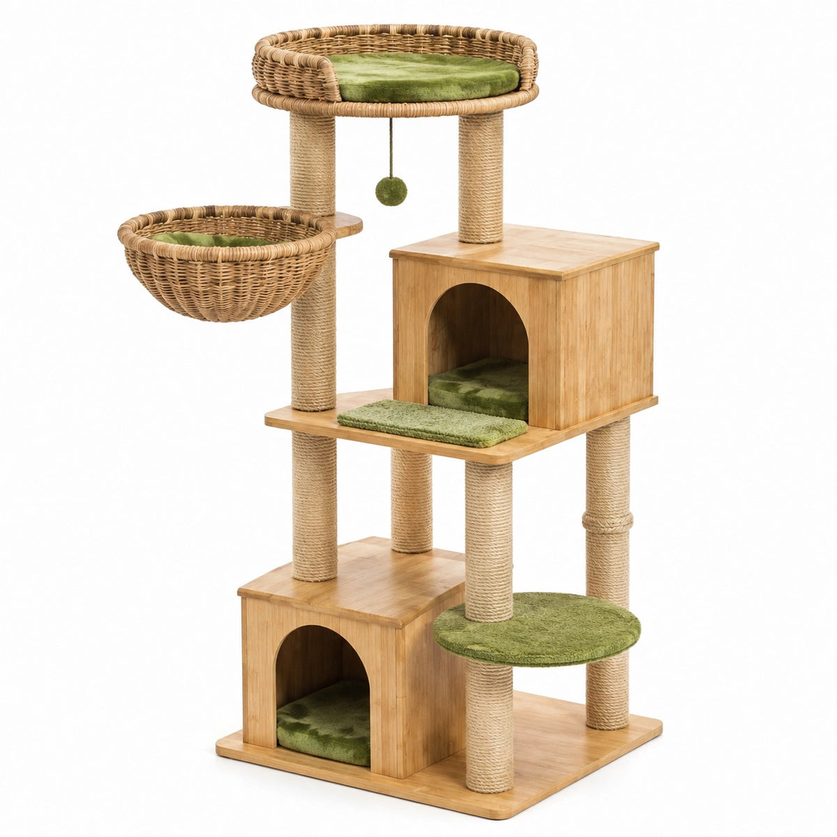 Arbre à chat 60 x 50 x 150 cm en bois et rotin naturel vert avec griffoirs