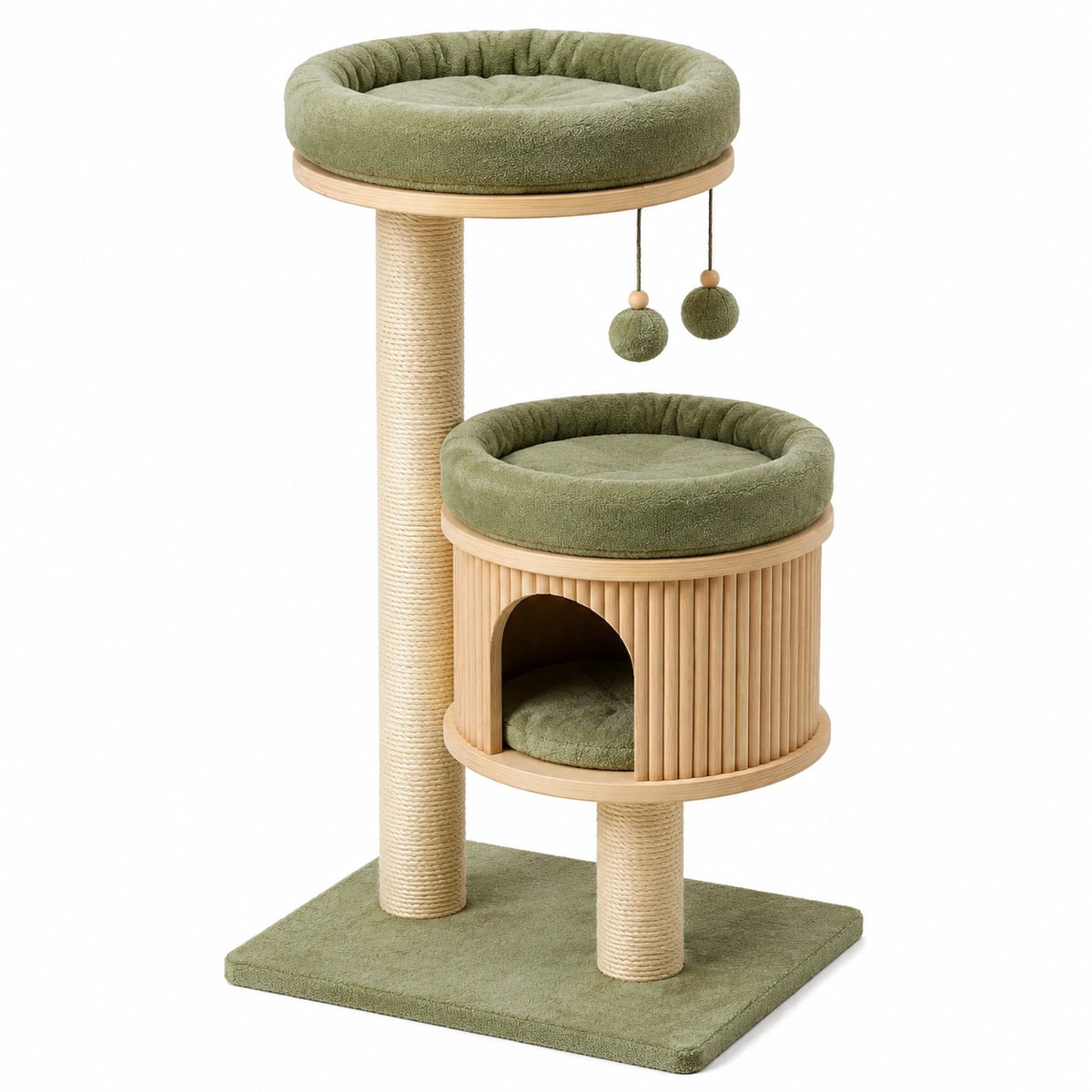 Arbre à chat 60 x 50 x 120 cm vert et naturel en bois avec griffoirs en sisal et niches de repos