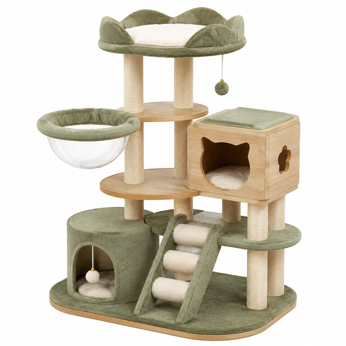 Arbre à chat 100 x 60 x 150 cm en bois beige et vert avec niches plateformes et griffoirs