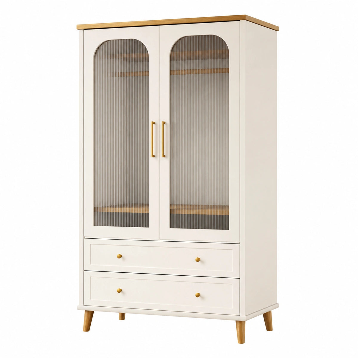 Armoire de rangement 80 x 40 x 180 cm en bois ivoire avec portes vitrées style rétro