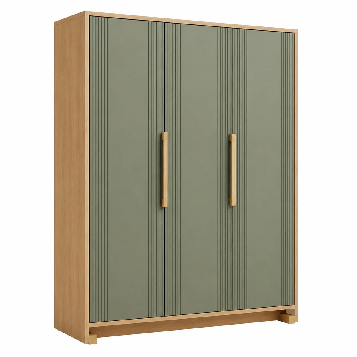Armoire 3 portes 120 x 55 x 200 cm en panneaux de bois vert olive et bois naturel rangement rainuré