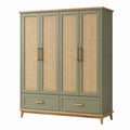 Armoire 160 x 55 x 200 cm vert olive et naturel en panneaux de bois avec cannage 4 portes et 2 tiroirs