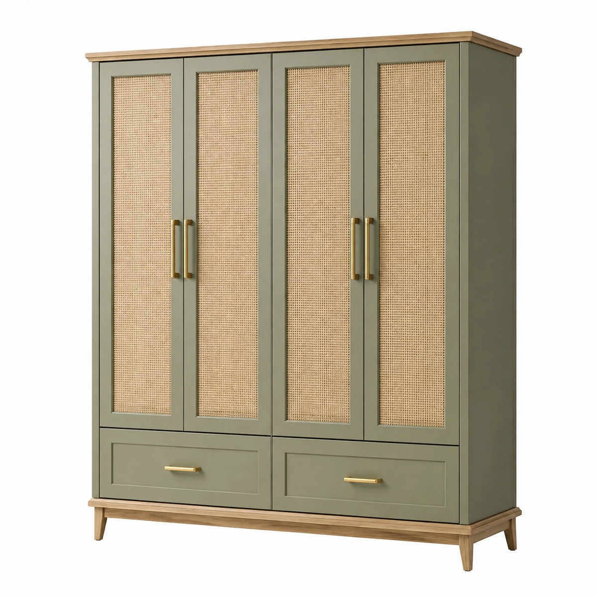 Armoire 160 x 55 x 200 cm vert olive et naturel en panneaux de bois avec cannage 4 portes et 2 tiroirs