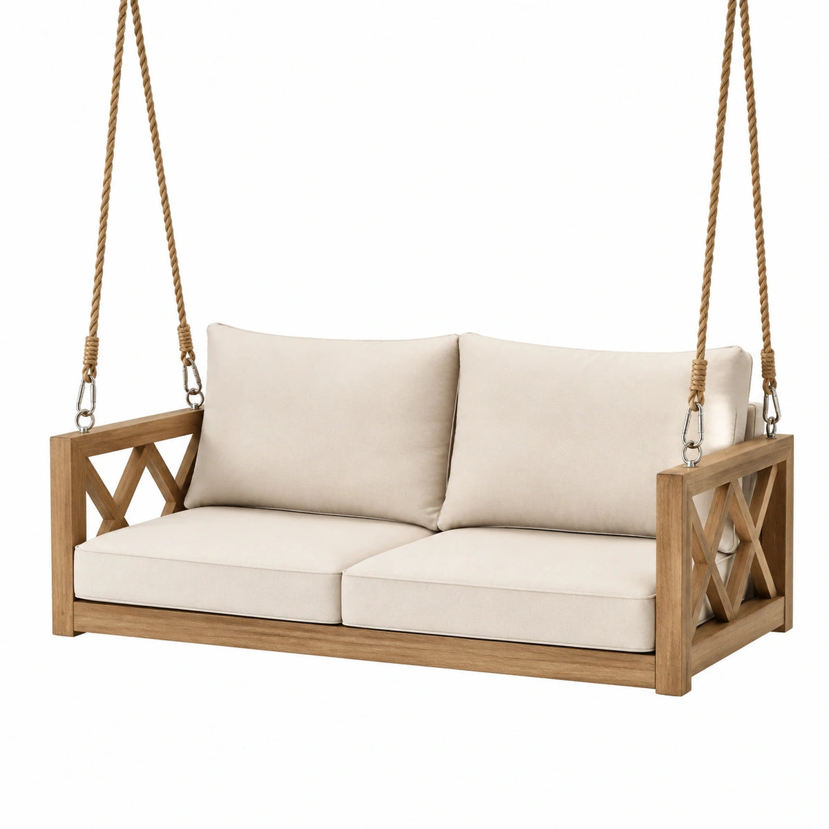 Balancelle de jardin 140 x 70 x 180 cm en bois beige suspendue 2 places