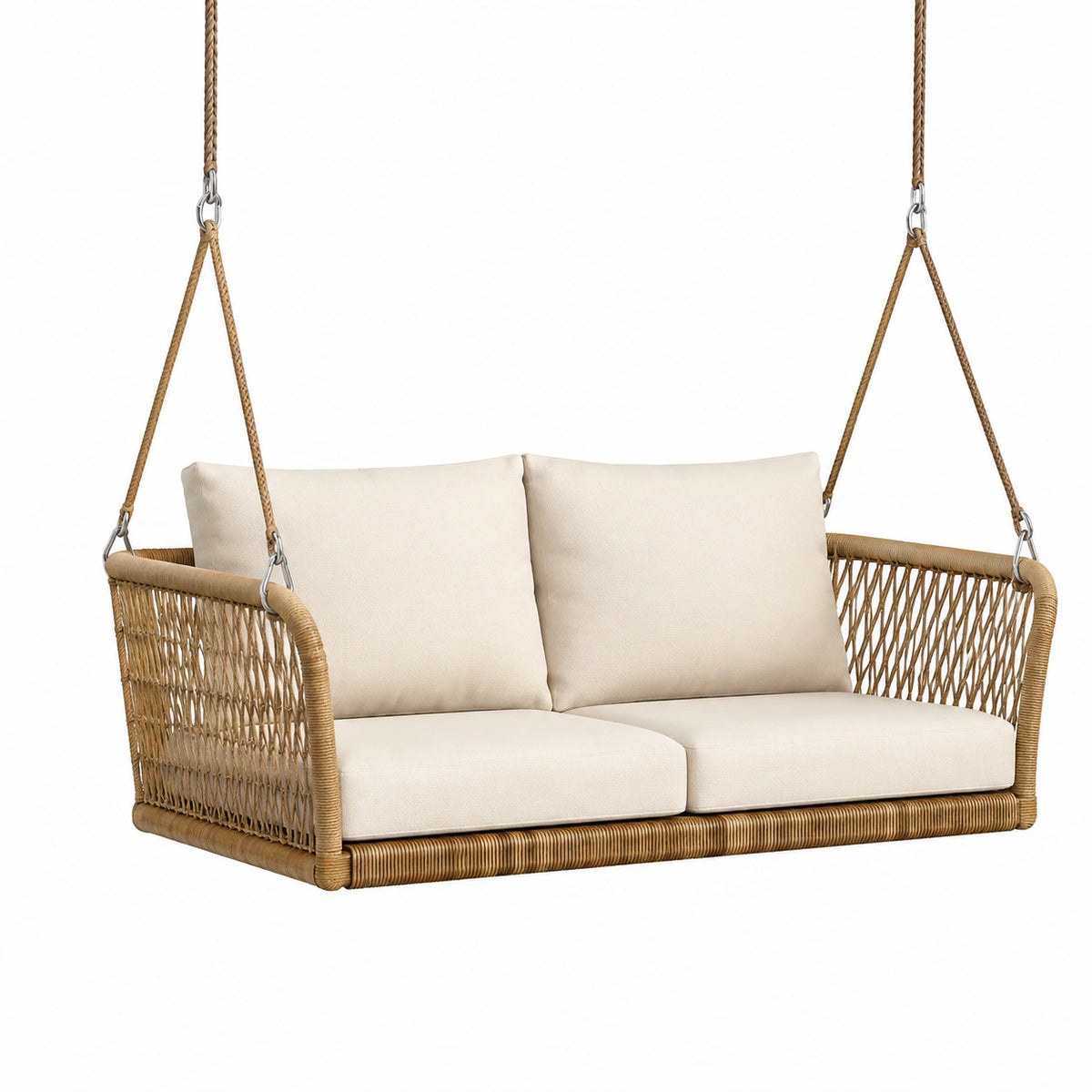 Balancelle suspendue 2 places 130 x 70 x 55 cm en fibre tressée brun avec assise beige style bohème