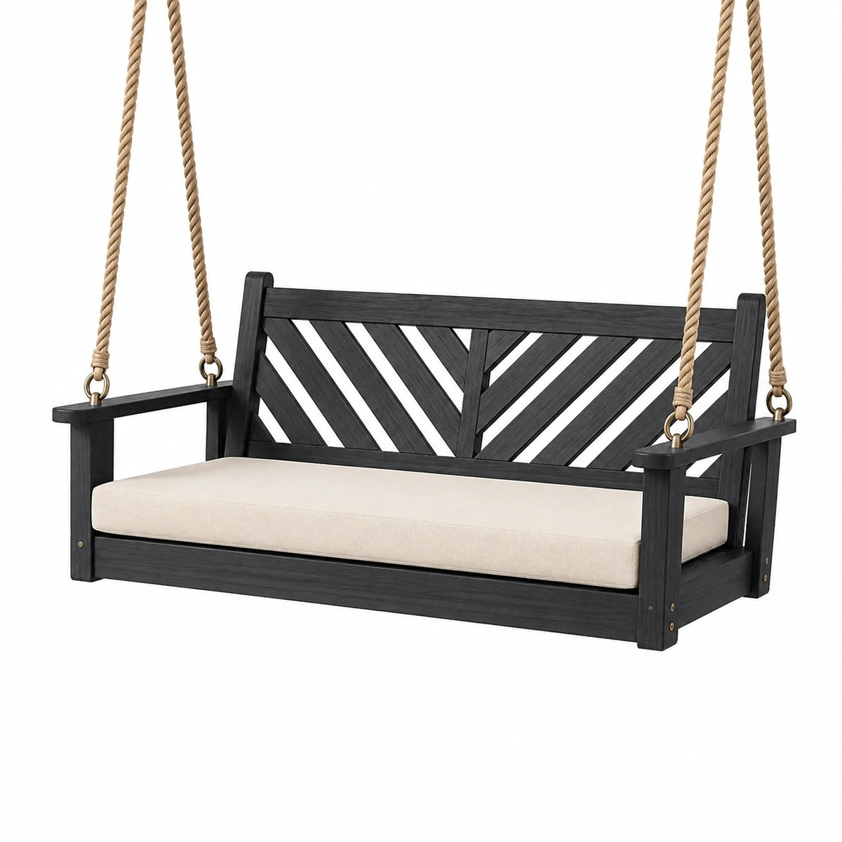 Balancelle de jardin 150 cm en bois noir et corde beige avec assise rembourrée style contemporain