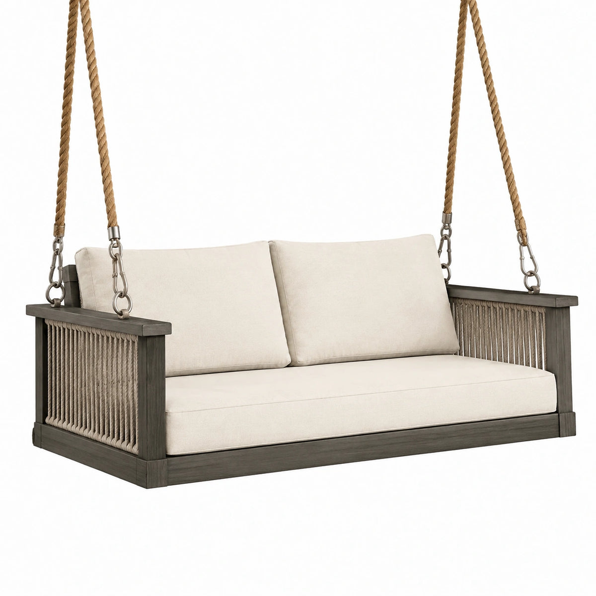 Balancelle suspendue 2 places 145 x 70 x 65 cm en bois gris foncé et corde marron pour extérieur